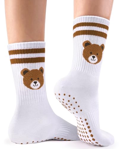Women's Non-Slip Pilates Grip Socks - Yoga Barre Crew Socks - Bear1