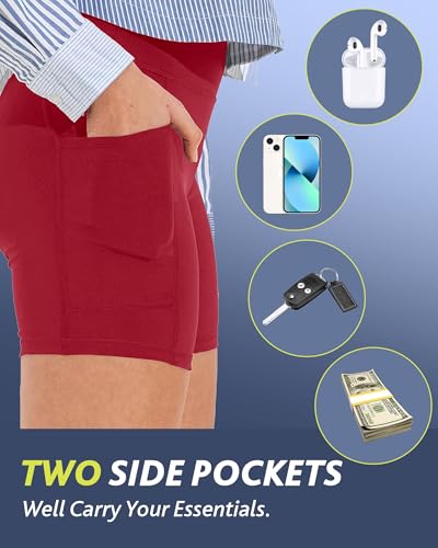 CAMPSNAIL Women's Biker Shorts with Pockets - 3/5/8 Inch Workout Yoga Gym Shorts, Large-X-Large, Red