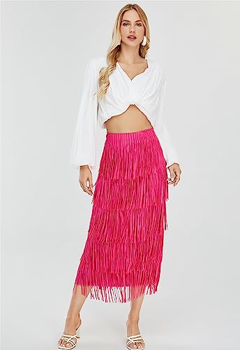 Women's High Waist Fringe Trim Short Skirt XX-Large Rose Red for Summer Party & Work