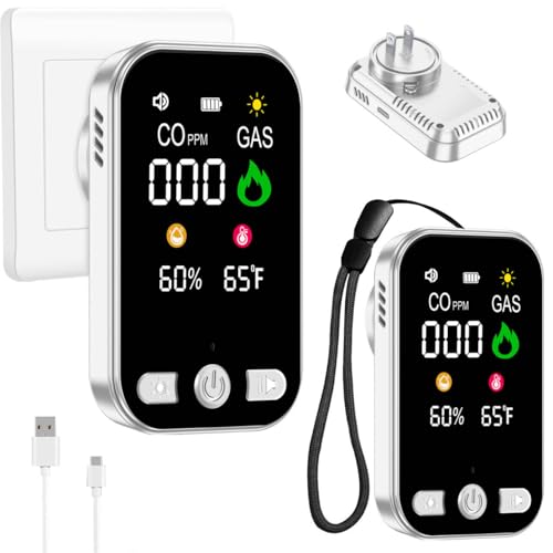 2 Pack Carbon Monoxide Detectors & Natural Gas Alarm Plug in,4-in-1 CO Detector & Combustible Gas Sensor with Battery Backup,Temperature & Humidity Display,Ideal for Home Travel