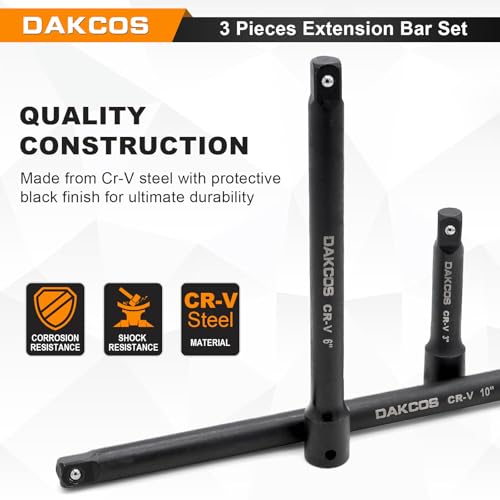 3 Pieces 3/8-Inch Drive Impact Extension Bar Set Includes 3 6 10 Inch Socket Extensions, Premium Chrome Vanadium Steel with Black Phosphate Finish