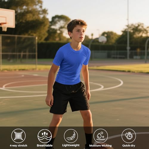 Boys Athletic Compression Shirt - Short Sleeve, Quick Dry, Large Blue