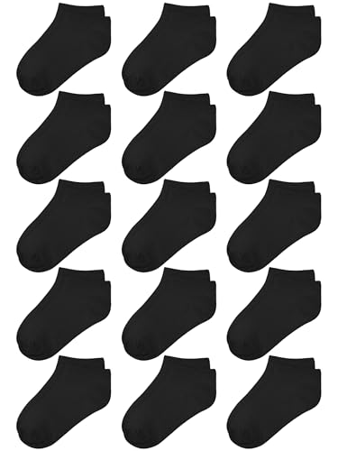 Kids' Half Cushion Low Cut Athletic Ankle Socks - 15 Pack, 4-6 Years/Black