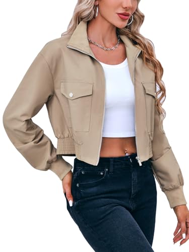 Fisoew Women's Cropped Khaki Bomber Jacket X-Small Lightweight Zip Up Coat