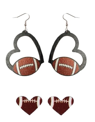 Sports Game Ball Earrings - Wooden Heart Shaped Studs - Style 1