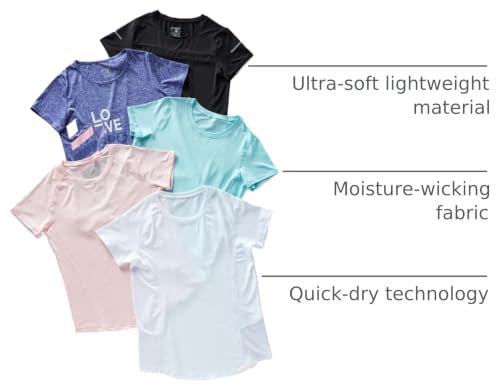 Women's Dry Fit Short Sleeve Workout Tops - 5 Pack, Medium, Pink/White/Black/Purple/Turquoise