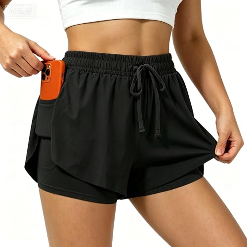 Womens Athletic Shorts High Waisted 2 in 1 Flowy Workout Skorts with