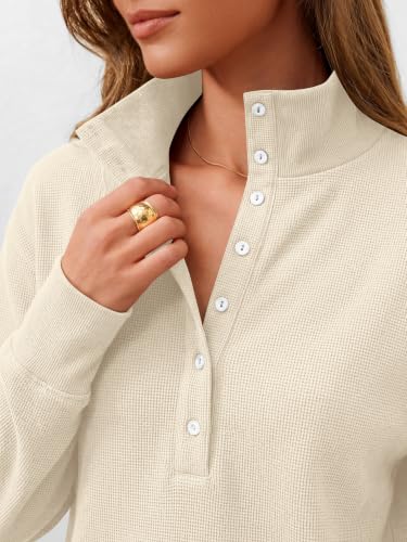 ANRABESS Women's Waffle Knit Henley Sweatshirt - Medium Beige