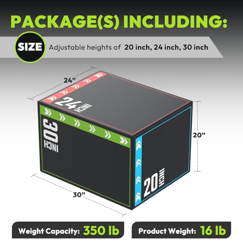 3-in-1 Plyo Box - Adjustable Height Foam Jump Training Equipment (20x24x30 inch)