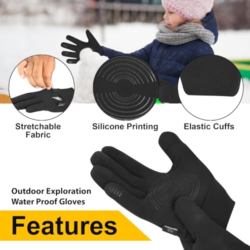 Kids Thermal Winter Gloves - Touch Screen Anti-Slip Fleece - Black, X-Small