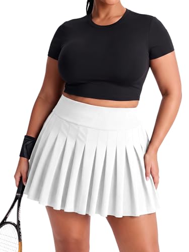 Moon Wood Women's Plus Size White Pleated Tennis Skirt with Shorts XX-Large High Waist Athletic Golf Skort
