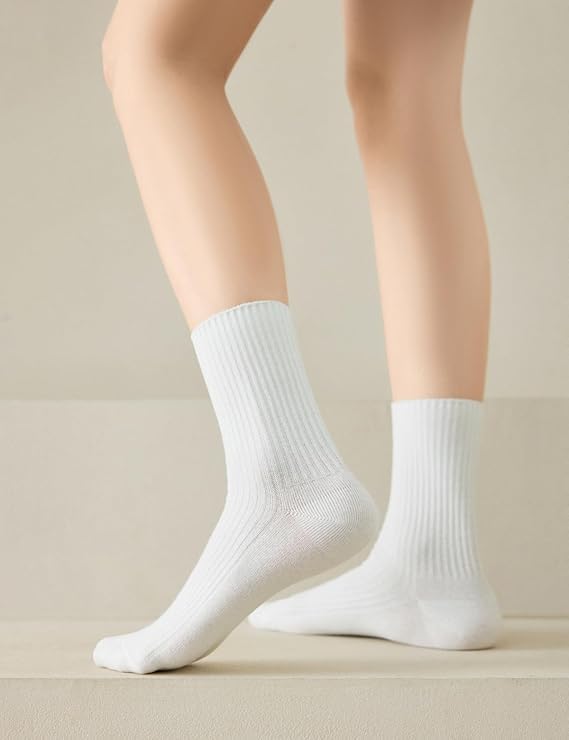 Womens Crew Socks - Lightweight Cotton Aesthetic Long Socks - White