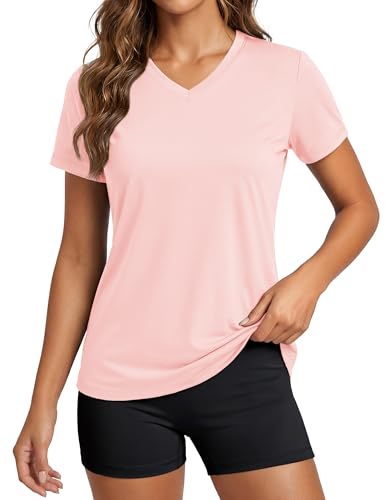 Women's UPF 50+ Short Sleeve Workout Top - Quick Dry V-Neck Gym Tee