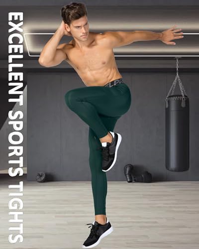 Men's Compression Pants - Cool Dry Sports Leggings with Phone Pocket - Dark Green, Small