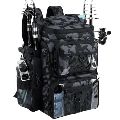 GiMiUiTo 55L Fishing Tackle Backpack with 4 Rod Holders Camouflage Black