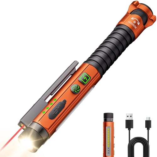 PASIION Orange Large Rechargeable 800 Lumen LED EDC Flashlight with Magnetic Clip & Base, 11 Modes, USB-C, Glass Breaker & Bottle Opener