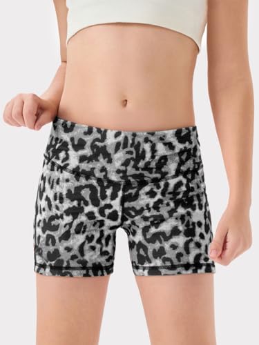 Girls High-Waisted Leopard Print Athletic Shorts - Gray-Leopard, 5-6Y