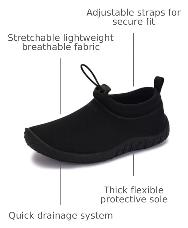 Amphibious Water Shoes for Big Kids - All Black, Slip-On Design