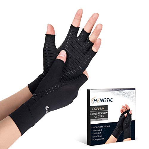 Copper Infused Arthritis Gloves - Fingerless Compression - Black, Medium