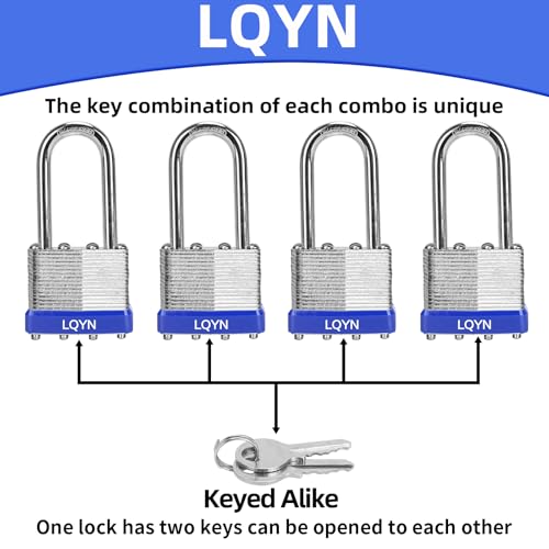 Padlocks with Same Key, LQYN 6 Pcs Laminated Keyed Padlock (1-9/16", 40mm), Keyed Alike Locks, Long Shackle, for Storage Locker, Hasp Latch, Toolbox, Sheds