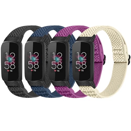 4 Pack Elastic Fitbit Luxe Replacement Bands - Black, Beige, Indigo, Purple - Adjustable Nylon Sport Straps for Women & Men