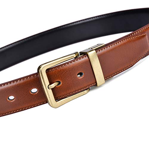 Reversible Leather Belt with Antique Gold Buckle - Black/Lt Brown 32-34