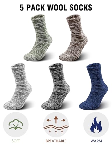 Merino Wool Thermal Hiking Socks for Men - 5 Pairs, Multicolor
