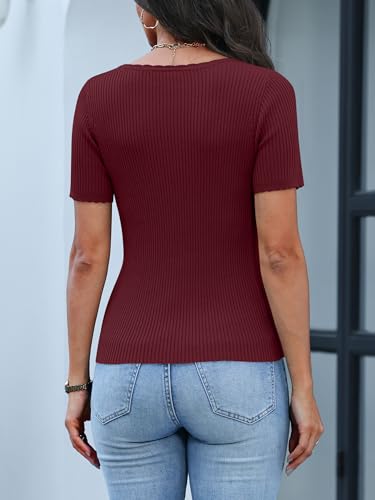 ANRABESS Women's Short Sleeve Sweater Top - Scalloped Scoop Neck - Deep Red, Medium