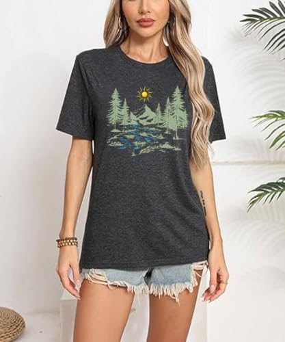 ZWSYXL Women's Hiking Shirt Large Dark Gray Nature Sunrise Graphic Mountain Tee