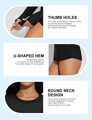 Long Sleeve Rash Guard Swim Shirt - UPF 50+ UV Protection - Black, Large