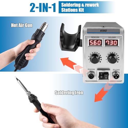 8586D 2 In 1 Soldering Station, SMD Hot Air Rework Station LED Dual Digital Display with Heat Gun and Solder Iron Kit, Electric Soldering Iron Station with Temperature Control, Auto Sleep Functions