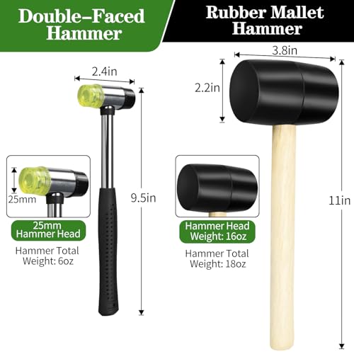 2pcs Mallet Set, 16oz & 25mm Double-Faced Soft Rubber Mallet, for Flooring, Woodworking, Furniture Repair