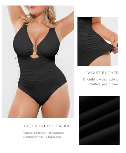 SHAPELLX X-Large Black Tummy Control One-Piece Swimsuit for Women V-Neck Ruched Shapewear Bathing Suit