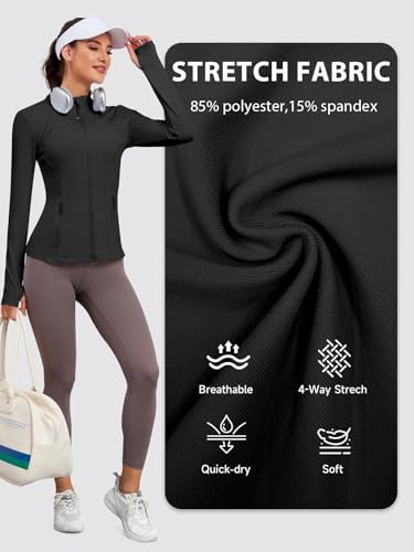 Women’s Fitted Athletic Jacket - Black Small | Zip Up Track Coat with Thumb Holes & Pockets