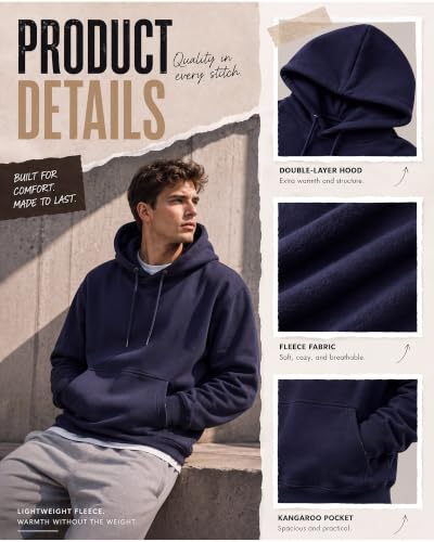 Men's Fleece Pullover Hoodies 4-Pack - Large Black Grey Navy Light Gray
