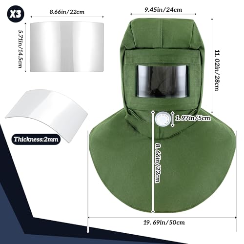Jecery Sand Blasting Hood Mask with Replacement PC Lens Canvas Shawl Cap for Polishing Painting Dusting Grinding(Green,3 Replacement Lens)