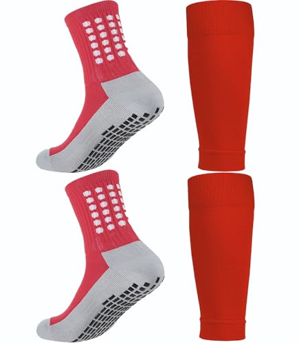 Soccer Grip Socks & Shin Guard Sleeves - Anti-Slip, Black/Red