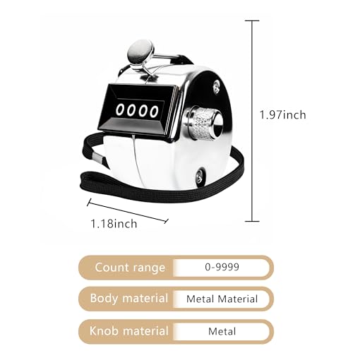 4-Digit Metal Handheld Tally Counter Clicker with Lanyard - Silver