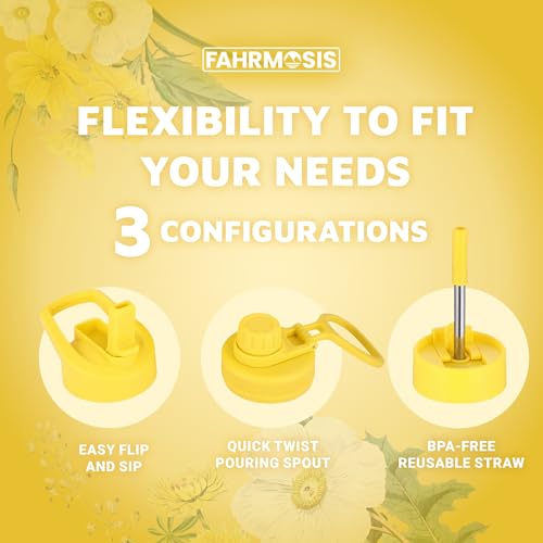 FAHRMOSIS 64 Oz Insulated Water Bottle with Sleeve and 3 Lids - Yellow