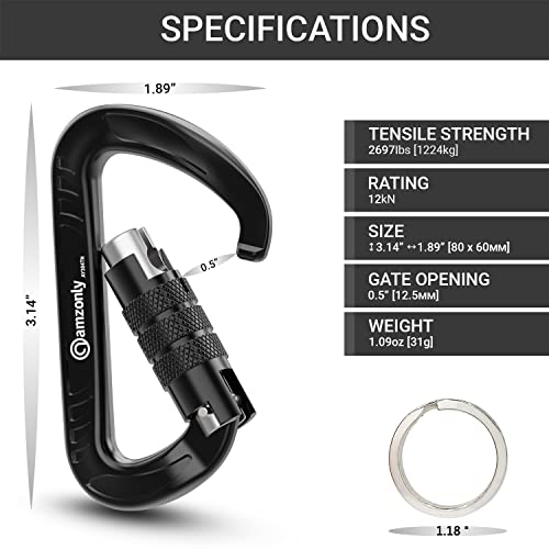 Amzonly Auto-Locking Heavy Duty Carabiner Clips Black 04 - 3 Inch, 12KN/2697lbs