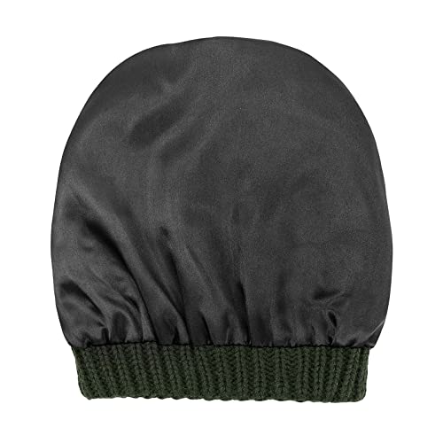 Satin Lined Beanie for Women - Warm Knit Cuffed Hat - Army Green
