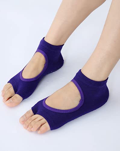 Toeless Pilates Socks for Women - 2 Pairs, Gray & Purple, US 5-9.5