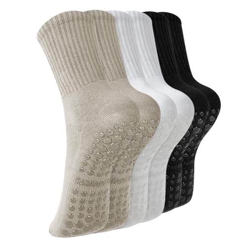 Non-Slip Grip Pilates Socks for Women - 3 Pairs, Black, White, Camel