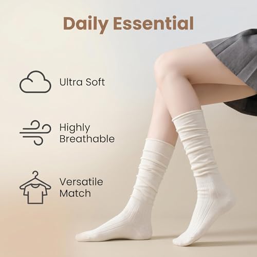 Thigh High Socks for Women - Scrunch Stockings Over Knee - White Short