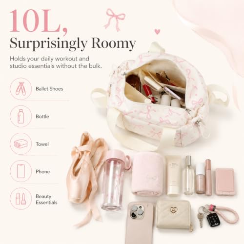 Pink Bow Beige Small Gym Bag for Women - Dance, Yoga & Fitness Tote