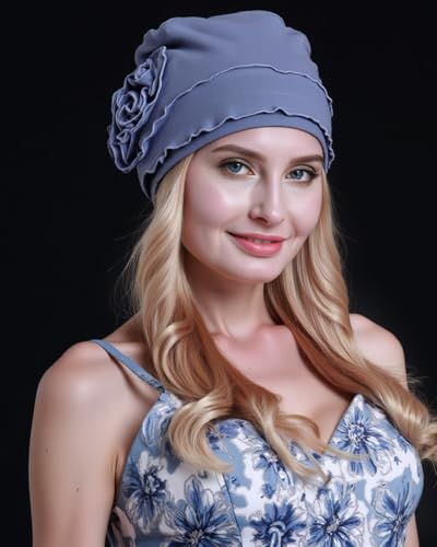osvyo Cotton Blue Grey Chemo Headwear Turban Cap for Women - Cancer Hair Loss Beanie, Sealed Packaging