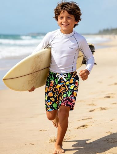 Boys Swim Trunks with Compression Liner - Neon Happy Gorilla, 10-12 Years