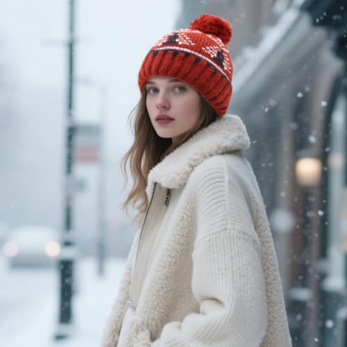 Winter Beanie Hat for Women - Warm Fleece Lined Pom Knit Earflap - D-Brick Red