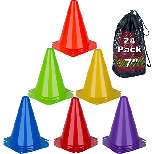 7 Inch Sports Training Cones - 24 Pack Multicolor for Agility Drills