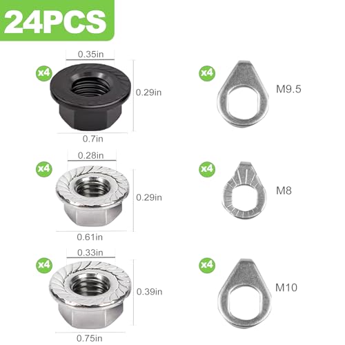 24PCS Bicycle Axle Nut and Safety Washer Kit - M8 M9.5 M10